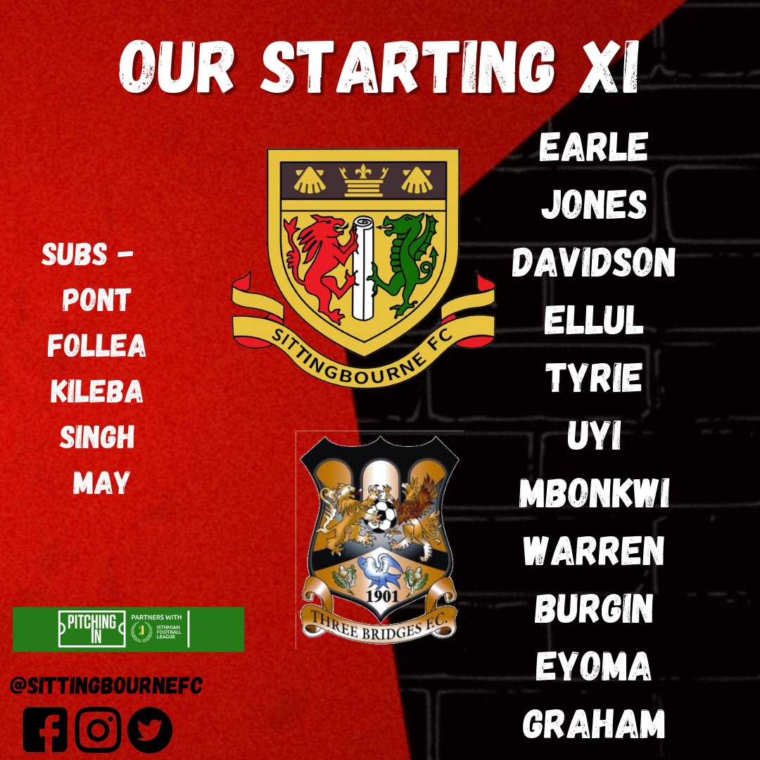 Todays starting XI as we welcome <a href="/ThreeBridgesFC/">Three Bridges FC</a> to the Jarmans.

Two changes from Tuesday as Sergio is back from suspension and AJ returns to the number ten shirt.

Kick off at 3pm

#COYB #backthebrickies