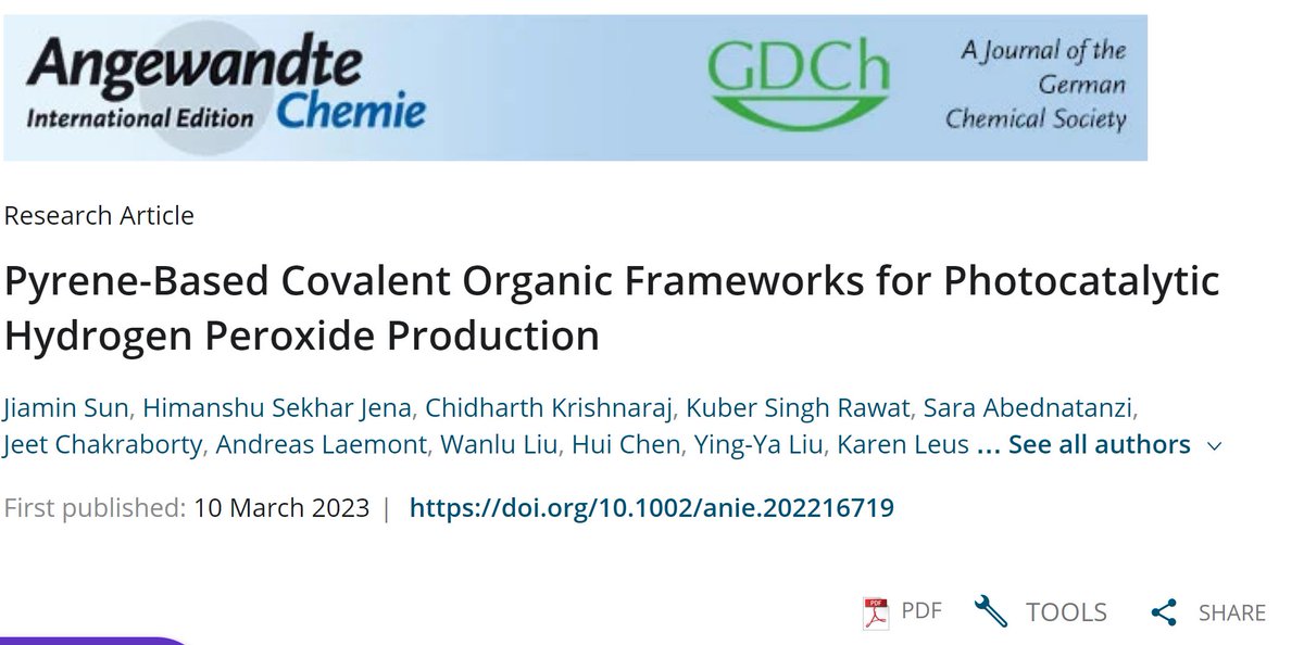 Just accepted in <a href="/angew_chem/">Angewandte Chemie</a> :#photocatalytic H2O2 production using pyrene based #COFs, with in-depth theoretical, structural and electrochemical characterizations.
Read it here: onlinelibrary.wiley.com/doi/10.1002/an….
