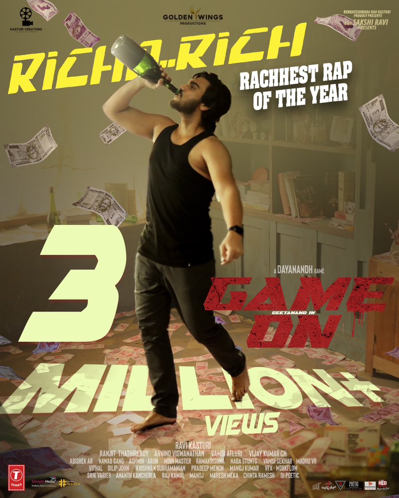 Indian Clicks (@indianclicks) on Twitter photo ππ ππ€π£π ππ π ππ£ππ π₯
3οΈβ£ MILLION Views for the Swaggy Single #RICHORICH from #GameOn π€πΆ
- youtu.be/cGm1T23qz0U
Listen to 'The Racchest Rap of the Year' Now π§π₯
#GameOnMovie β€οΈβπ₯
<a href="/geetanand79/">GeetAnand π«</a> <a href="/dayanandh369/">Dayanandh Gaddam</a> <a href="/nawab_gang/">Nawab Gang</a> <a href="/ravikasturi10/">Ravi Kasturi</a> <a href="/KasturiCreatns/">Kasturi Creations</a> <a href="/TSeries/">T-Series</a> ππ ππ€π£π ππ π ππ£ππ π₯
3οΈβ£ MILLION Views for the Swaggy Single #RICHORICH from #GameOn π€πΆ
- youtu.be/cGm1T23qz0U
Listen to 'The Racchest Rap of the Year' Now π§π₯
#GameOnMovie β€οΈβπ₯
<a href="/geetanand79/">GeetAnand π«</a> <a href="/dayanandh369/">Dayanandh Gaddam</a> <a href="/nawab_gang/">Nawab Gang</a> <a href="/ravikasturi10/">Ravi Kasturi</a> <a href="/KasturiCreatns/">Kasturi Creations</a> <a href="/TSeries/">T-Series</a>
