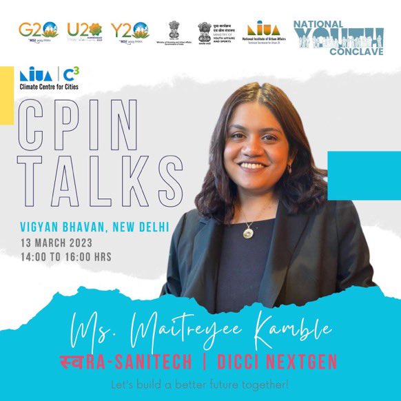 DICCINextGen's tweet photo. @DICCINextGen National Convenor @KambleMaitreyee will be speaking at the #CPINTalks in the #NationalYouthConclave on Sustainable Businesses and Community Building.
@NIUA_India @C3_NIUA
@MoHUA_India @YASMinistry
#Youth4Change #U20Y20India #ClimateProIndia https://t.co/TaTWIq2oJi