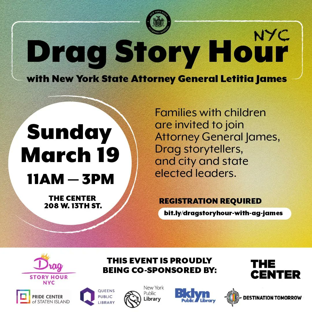 The Pride Center is proud to be a sponsor of NY State Attorney General Letitia James's Drag Story Hour on Sunday, 3/19. Registration is required.