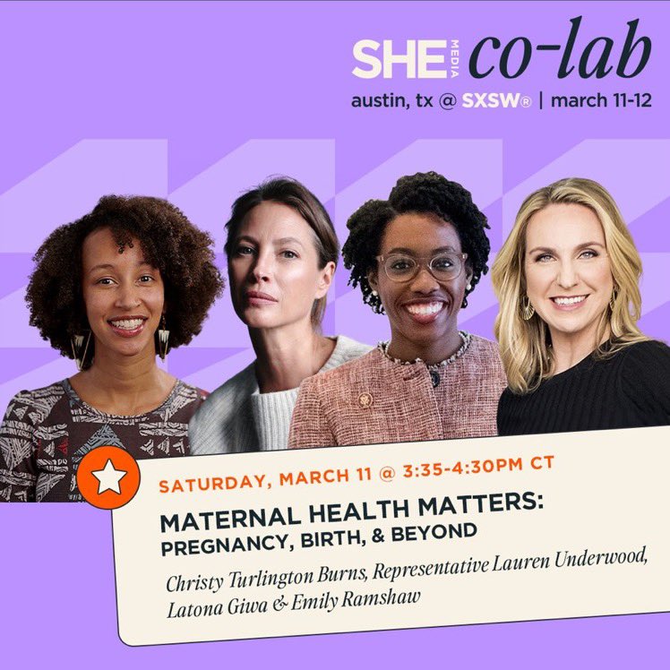 Happening today! Are you in Austin for #SXSW? Join our Founder @CTurlington, @eramshaw of @19thnews, @RepUnderwood & @LatonaGiwa of @BirthmarkDoulas for convo and outrage about the US #maternalhealth crisis! W/ @_shemedia 

Deets here: shemedia.com/sxsw-2023