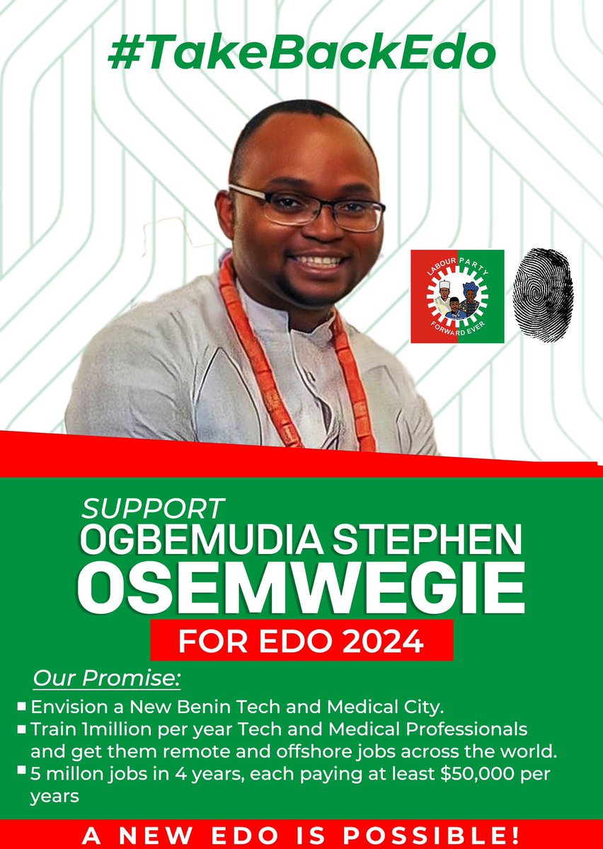 It is Time to #TakeBackEdo
Support Ogbemudia Stephen OSEMWEGIE to Move Edo State, from Consumption to Production.
End of thread 🧵. #EdoTwitter #BlackTwitter #Obidient #ObidientMovement
