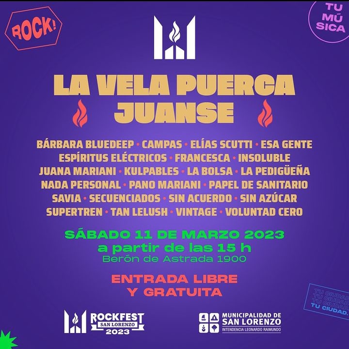 HOY 19hs puntual tocamos con SIN AZÚCAR en el Rockfest junto a Juanse y la Vela Puerca ✨
Copense y vengan con tiempo a ver a las bandas locales que el evento sale $0 y pueden traerse escabio y comida 
besos mil besitos y sigannos en instagram gracias 💜💜
