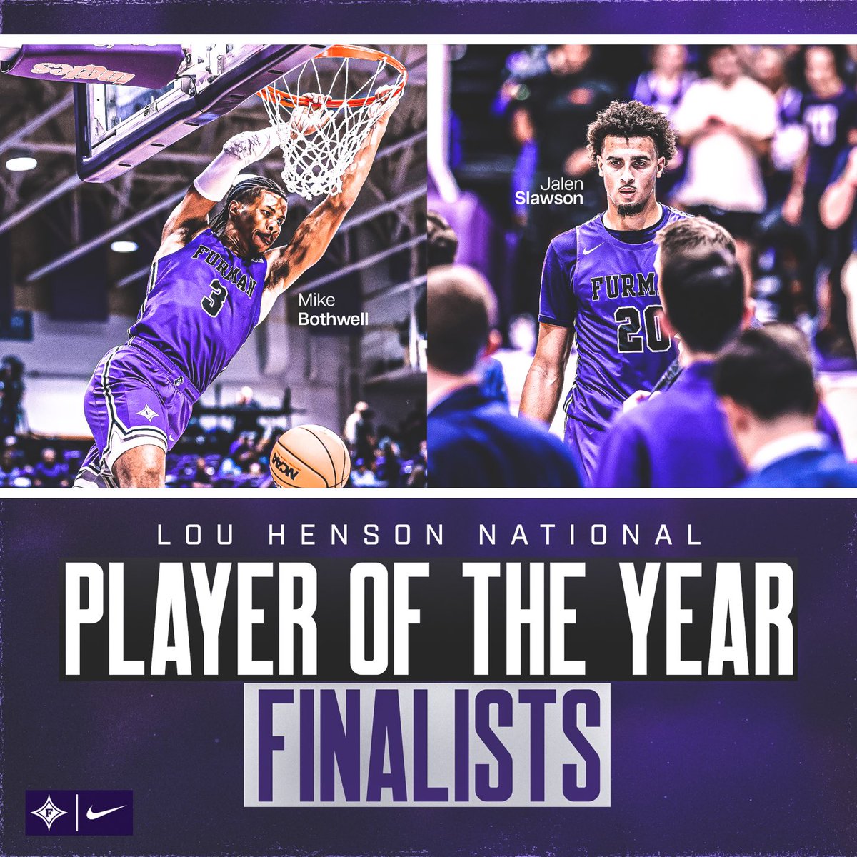 FurmanMBB's tweet photo. Jalen Slawson and Mike Bothwell have been named Lou Henson Mid-Major Player of the Year Finalists! 
#AllDIN #BetterTogether https://t.co/2S5ookSHfx