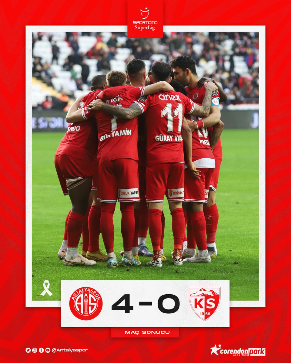 🎯 Evimizde 3️⃣ puan bizim!

⏱ Dk.90: Akreplerimiz, Spor Toto Süper Lig'in 25. haftasında Yukatel Kayserispor'u 4-0 mağlup etti.

G👊LLER: 33' ve 68' Haji Wright, 52' Fredy Ribeiro, 90+7' Bertuğ Yıldırım

#FraportTAVAntalyaspor