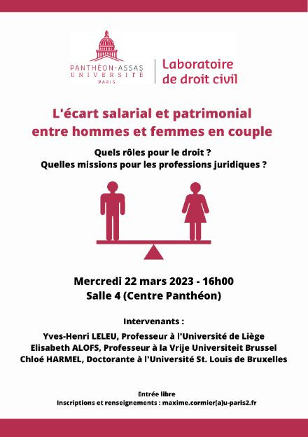 [Conférence] 23/03 | L'écart salarial et patrimonial entre hommes et femmes en couple. Quels rôles pour le droit ? Quelles missions pour les professions juridiques ?  <a href="/AssasUniversite/">Panthéon-Assas université</a> <a href="/LaboCiv_Paris2/">Laboratoire de droit civil - Univ. Paris 2</a> univ-droit.fr/actualites-de-…