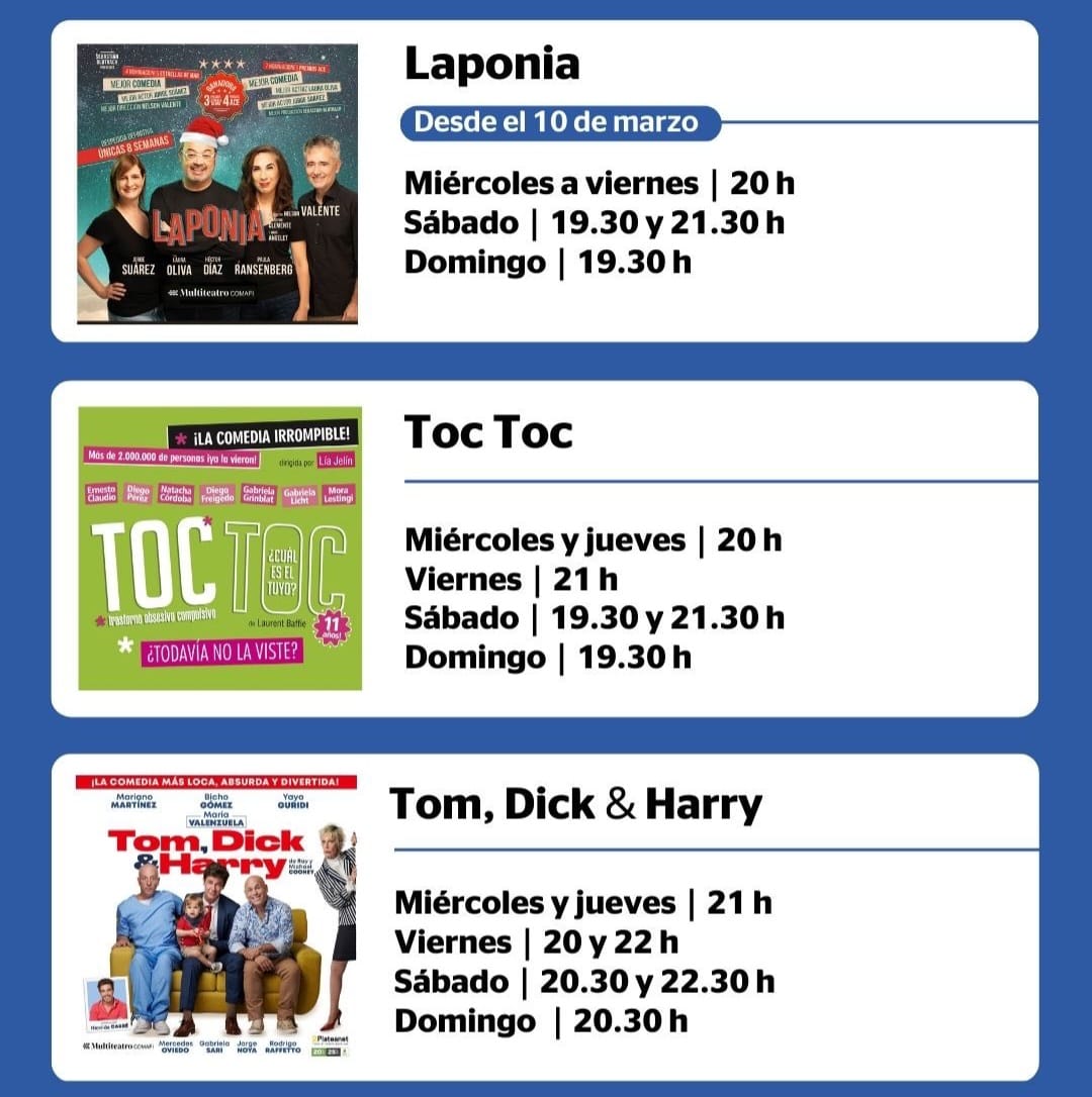 #Teatro 🎭para disfrutar en CABA este fin de semana en el <a href="/multiteatro/">Multiteatro</a> COMAFI

▪️ #Laponia  <a href="/jorgesuaritos/">jorge Suárez</a> Laura Oliva <a href="/hectordiazok/">Héctor Díaz</a> Paula Ransenberg

▪️ #TocToc Ernesto Claudio Diego Pérez <a href="/malenafigo/">Malena Figó</a> entre otros

▪️ #TomDickYHarry <a href="/marianomartinez/">mariano martinez</a> <a href="/valenzuelamdc/">Maria Valenzuela</a> <a href="/bichogomezOK/">Bicho Gomez</a>