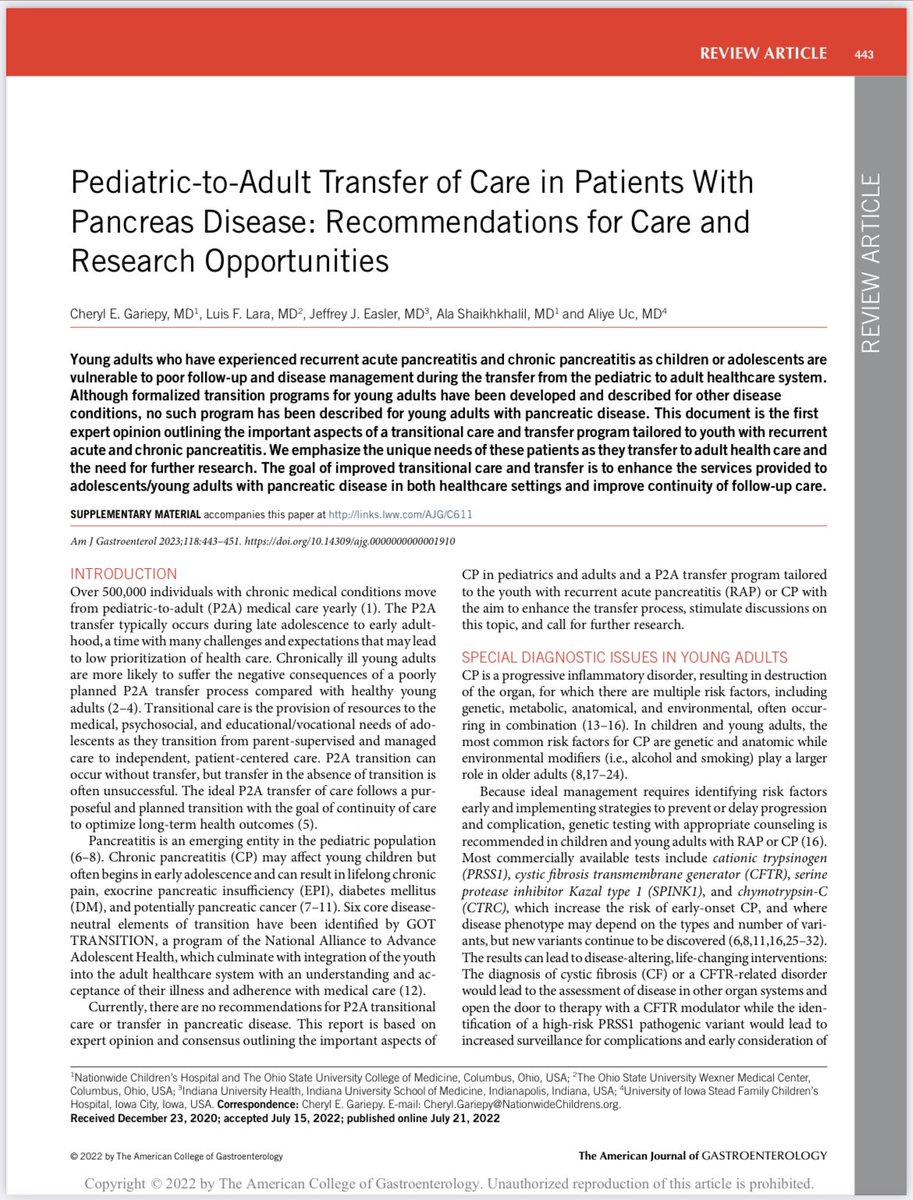 Georgios Papachristou (@gipapachristou) on Twitter photo ✅Lack of formal pediatric-to-adult transition in #pancreatitis results in poorer outcomes ✅An important multi-center collaboration providing Recommendations & #Research opportunities ✅Kudos to Drs. Gariepy, our own <a href="/LuisLaraMD1/">LuisLaraMD</a> et al #OSUGHNDivision <a href="/OSUWexMed/">The Ohio State University Wexner Medical Center</a> <a href="/AmCollegeGastro/">ACG</a> ✅Lack of formal pediatric-to-adult transition in #pancreatitis results in poorer outcomes ✅An important multi-center collaboration providing Recommendations & #Research opportunities ✅Kudos to Drs. Gariepy, our own <a href="/LuisLaraMD1/">LuisLaraMD</a> et al #OSUGHNDivision <a href="/OSUWexMed/">The Ohio State University Wexner Medical Center</a> <a href="/AmCollegeGastro/">ACG</a>