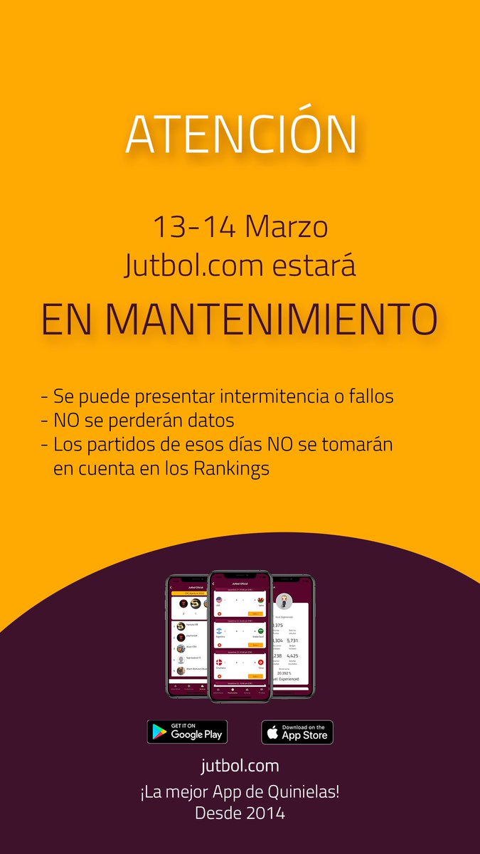 ATENCIÓN ⚠️ IMPORTANTE
13-14 Marzo la plataforma estará en Mantenimiento

- Se puede presentar alguna intermitencia o fallos en la carga de datos
- NO se perderán Rankings, ni Predicciones, ni usuarios, ningún dato
- Los partidos de esos NO se tomarán en cuenta en Rankings