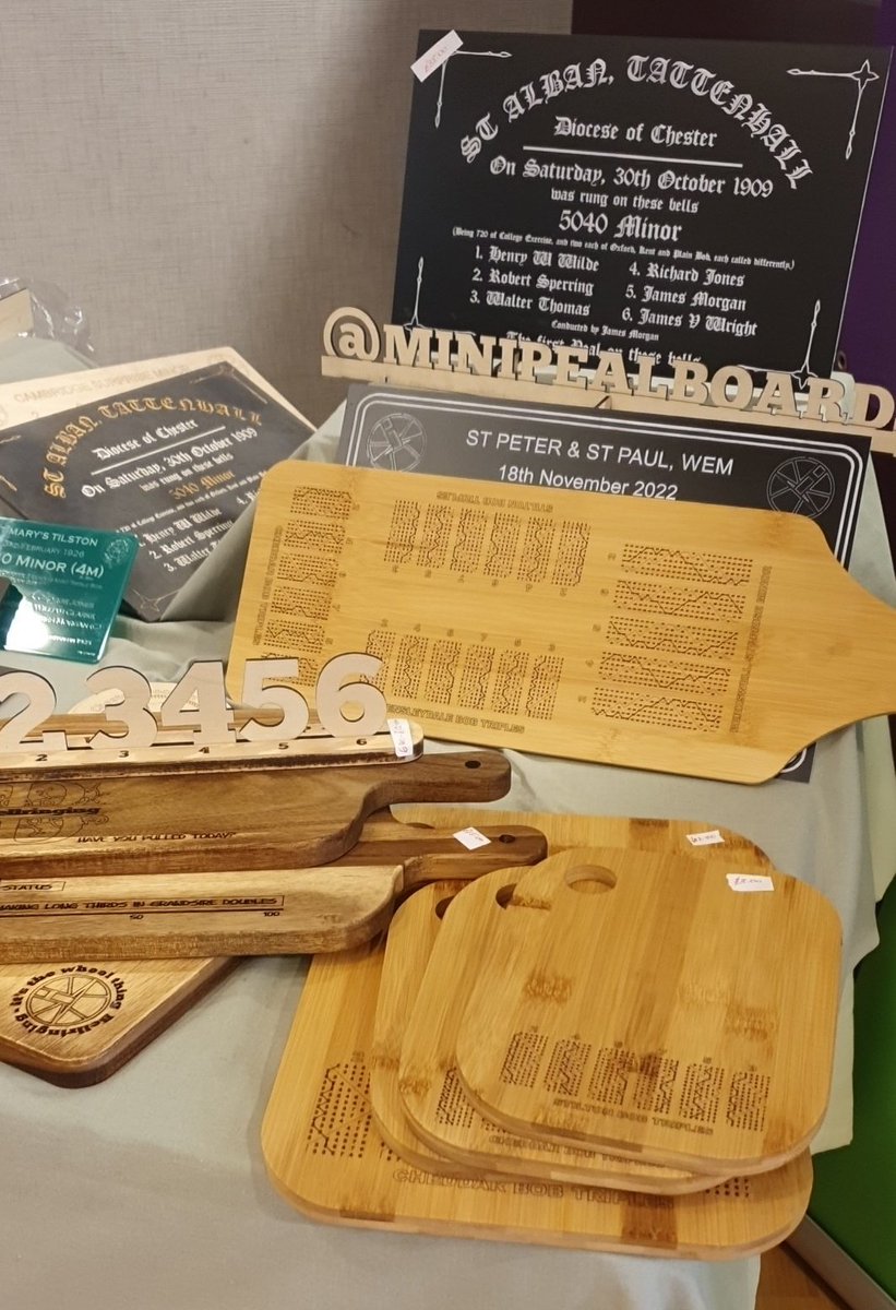 Steve's new stand has some great #bellringing items!
Peal boards, chopping boards &amp; ringing aides.
You can also have a drink and learn a method! Simples 😂
<a href="/MiniPealBoards/">MiniPealBoards</a>