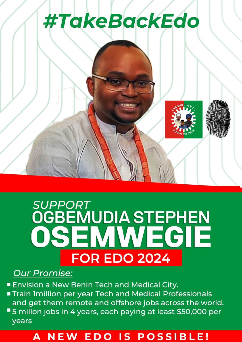 #TakeBackEdo2024 #Time4RealChange #ConsumptionToProduction #ObidientMovement #Obidient #ItIsTheTurnOfEdoPeople
My promise;
1. Envision and develop A brand New Technology and Medical City, ETMC (Edo Tech and Medical City) with 3 campuses, one in each Senetorial Zone) far away from