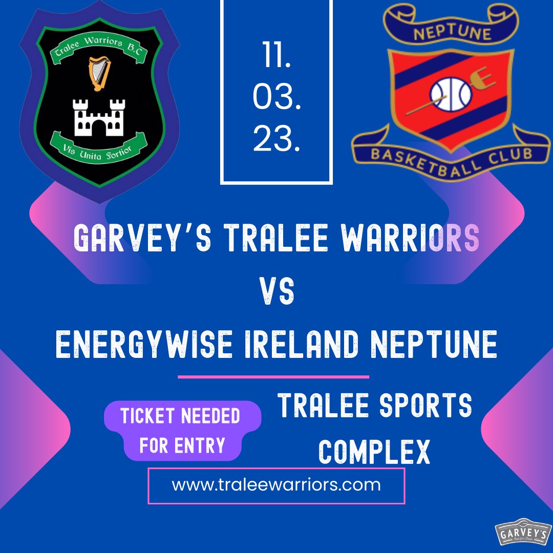 warriors_bc's tweet photo. The game tonight is an all ticket affair. Garveys Tralee Warriors VS Energywise Ireland Neptune @ 7:30pm in Tralee Sports Complex. Let’s go Warriors! @FanTralee @Traleetodaynews @starryboy14 @Fagal12 @radiokerrysport @GarveySVTralee @coachdowling1 @BballIrl @kev_odonoghue https://t.co/xJYnInOjoV