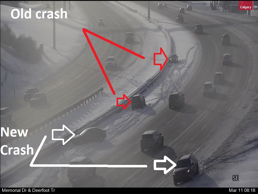 Drive carefully. We had a crash at SB Deerfoot at Memorial earlier, and then had another crash in the same spot a few minutes ago. It looks like some spin-outs because of slippery roads. #yyctraffic #660trafffic