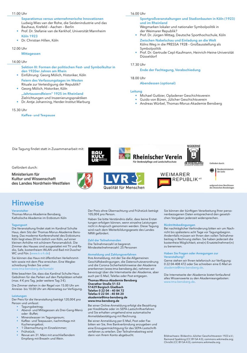 📧 Veranstaltungstipp: „StadtRäume
1923 und die „"Zwischenkriegszeit"
im Rheinland. Krisen und Wenden in
Gesellschaft, Kultur, Politik und Wirtschaft“ 
Vom 31. März bis 1. April 2023 
Veranstaltungsort: Thomas-Morus-Akademie/Kardinal Schulte Haus, Bensberg
Wir freuen uns! :)