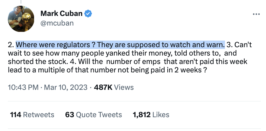 NGrossman81's tweet photo. "Where were the regulators?," asks @mcuban. "They are supposed to watch and warn."
Answer: SVB's president told them to go away, saying the bank's portfolio was so low risk that watching them was unnecessarily burdensome. 
SVB lobbied to change the rules; the Trump admin obliged. https://t.co/4aDDNy2b5k