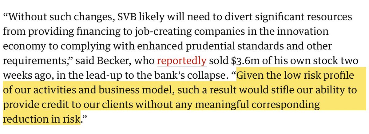 NGrossman81's tweet photo. "Where were the regulators?," asks @mcuban. "They are supposed to watch and warn."
Answer: SVB's president told them to go away, saying the bank's portfolio was so low risk that watching them was unnecessarily burdensome. 
SVB lobbied to change the rules; the Trump admin obliged. https://t.co/4aDDNy2b5k