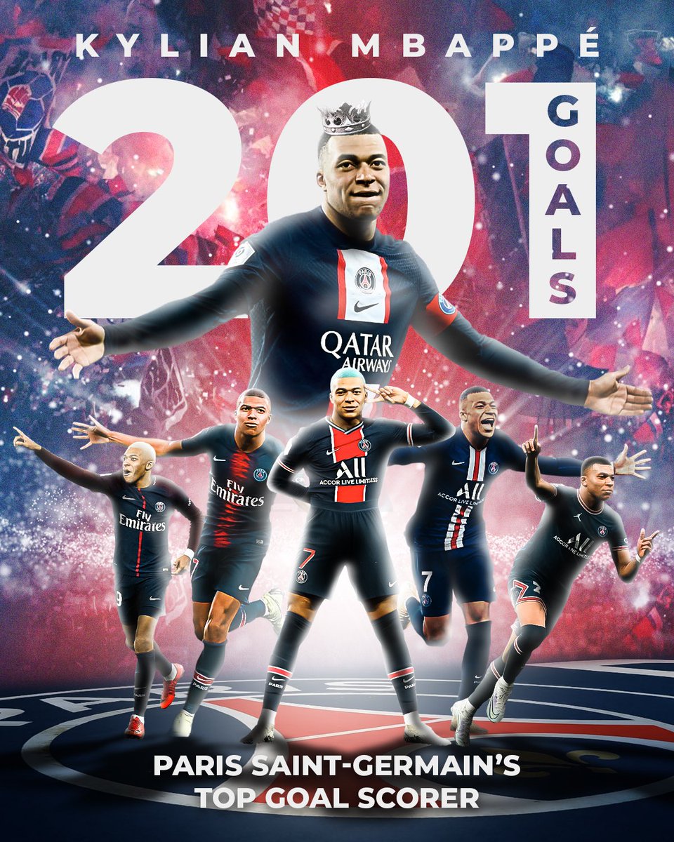 drydendrawstuff's tweet photo. There’s a new Goal King at @psg 
201 goals and more to come! @KMbappe 👑🇫🇷

#parissaintgermain #psg #kylianmbappe #mbappe #graphicdesign #smsports #soccer #goals #history #sportgraphics #photoshop #parisestmagique #ligue1 #championsleague https://t.co/mDvoNYTEJI