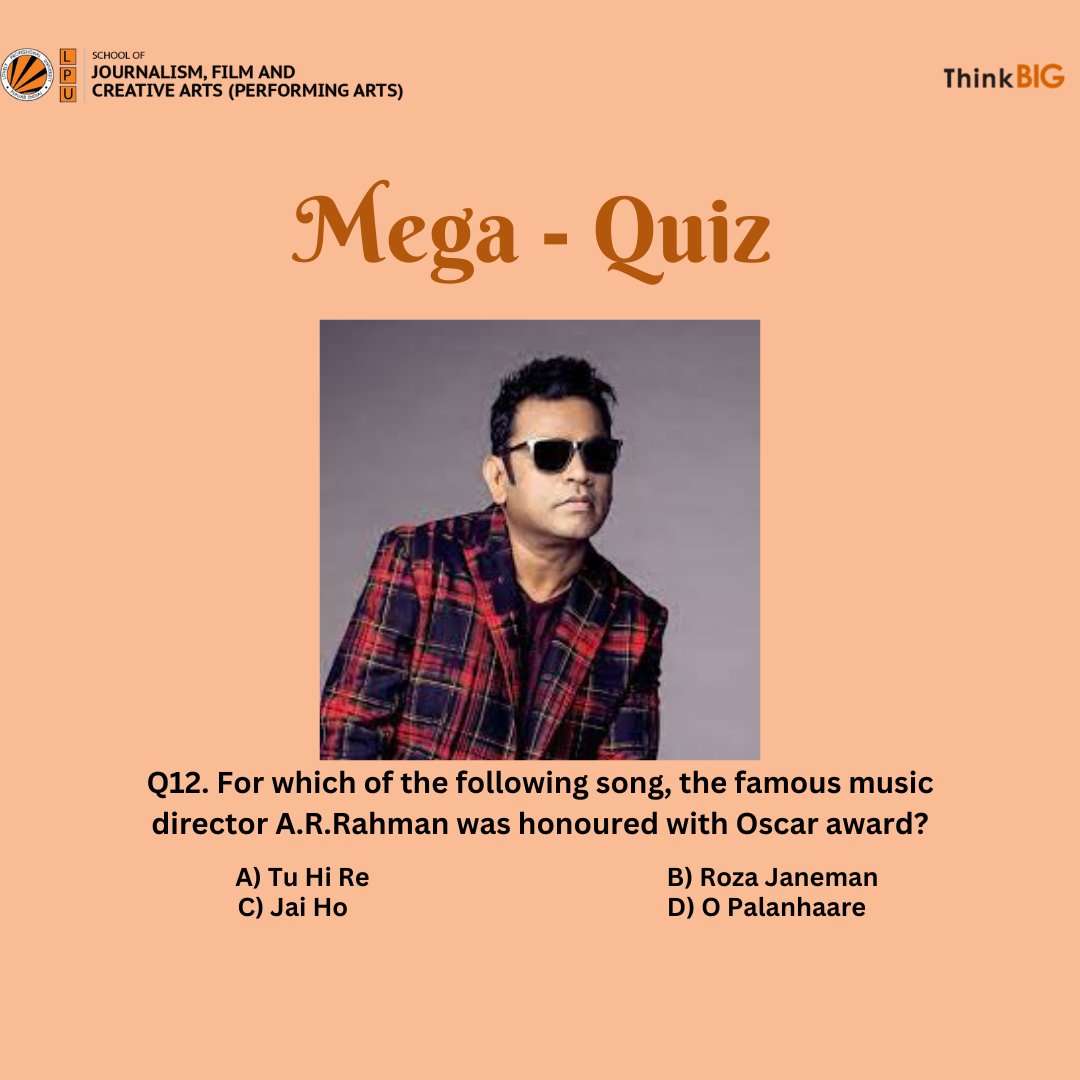 Mega-Quiz Competition 2023! 
on Instagram; instagram.com/lpuperforminga… 
The answer for yesterday’s quiz is C
Day-12th
Let's continue the game…

#lovelyprofessionaluniversity #Music #Theatre #Performingarts #musiccompetition  #socialsciences #quizcompetition #megaquiz