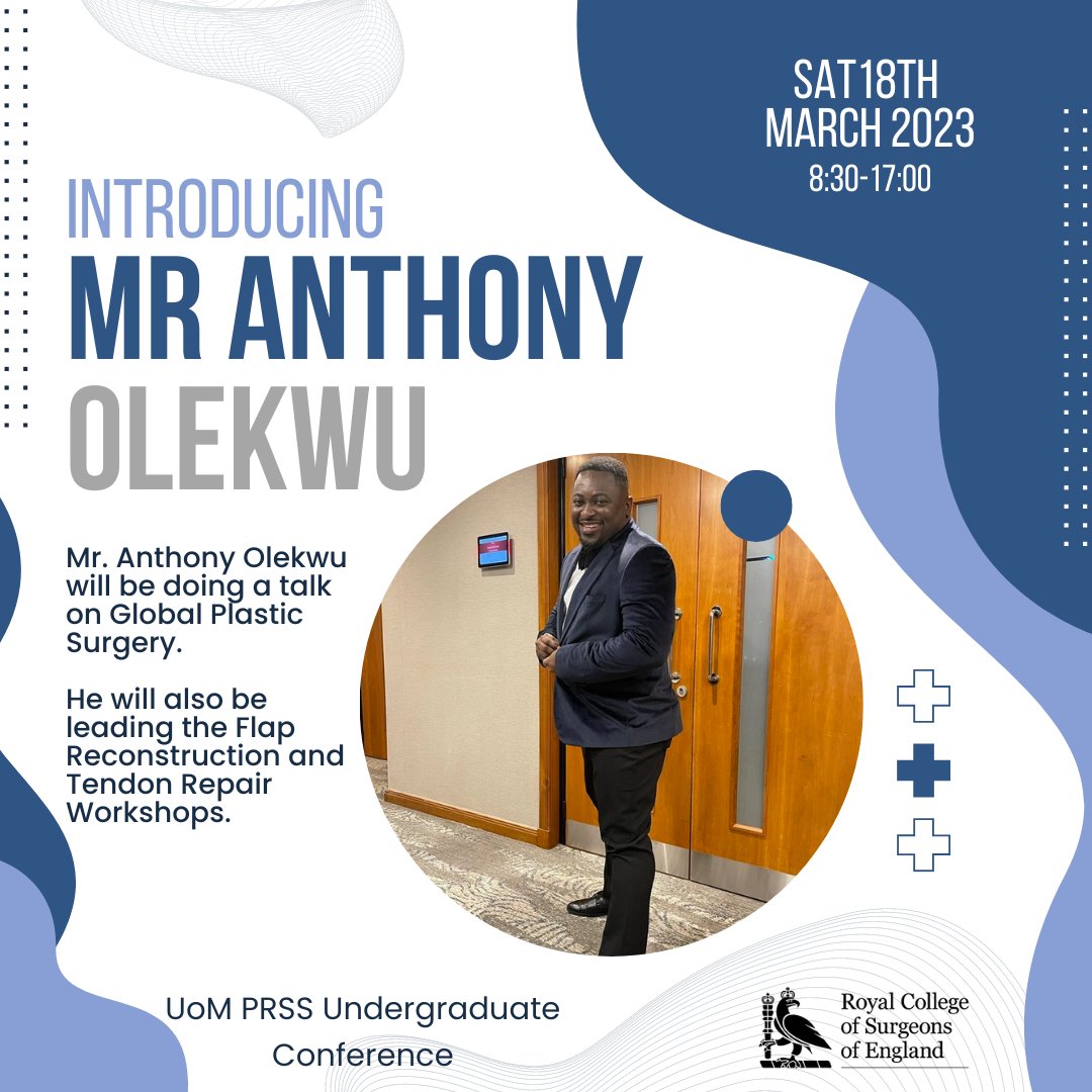 uomplastics's tweet image. We're delighted to announce Mr. Anthony Olekwu as our next speaker at UoM PRSS Undergraduate Conference!

He will be holding a talk on Global Plastic Surgery as well as leading our Flap Reconstruction and Tendon Repair Workshops.

eventbrite.com/e/undergraduat…