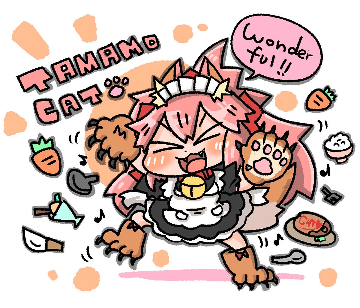 tamamo cat (fate) 1girl solo animal ears pink hair tail animal hands bell  illustration images