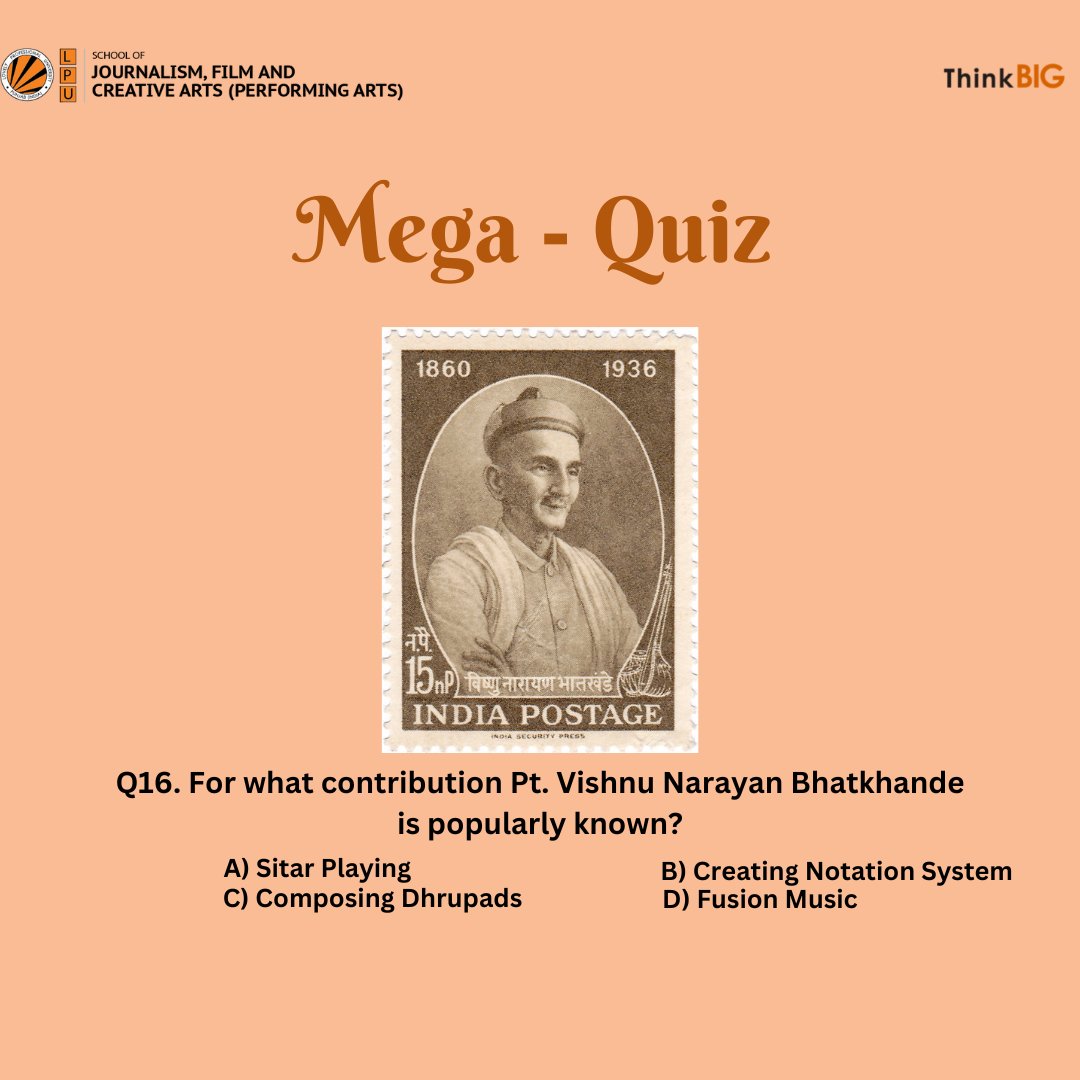 Mega-Quiz Competition 2023! 
on Instagram; instagram.com/lpuperforminga… 
The answer for yesterday’s quiz is A
Day-16th
Let's continue the game…

#lovelyprofessionaluniversity #Music #Theatre #Performingarts #musiccompetition  #socialsciences #quizcompetition #megaquiz