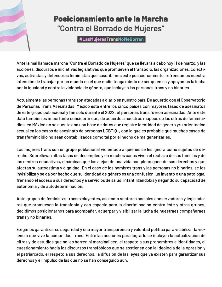 📢 México es uno de los 5 países con mayor tasa de asesinatos a personas #trans. En Data Cívica, junto a otras organizaciones, nos posicionamos ante la marcha transfóbica de este 11 de marzo y por un mundo en el que nadie tenga miedo de ser quién es.
#LasMujeresTransNoMeBorran 🏳️‍⚧️