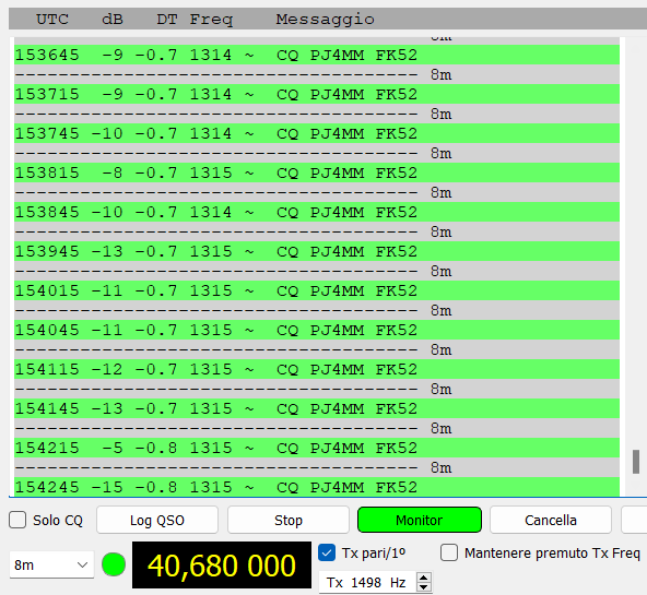 SparkySWL's tweet photo. 40680 kHz #FT8 #PJ4MM calling CQ from loc. FK52 (Bonaire). Decent signal. @ei2ip @AceBlaggard @FMDXIreland #VHFdx #8meters #40MHz #swl #hamradio https://t.co/ev8nO0EevJ