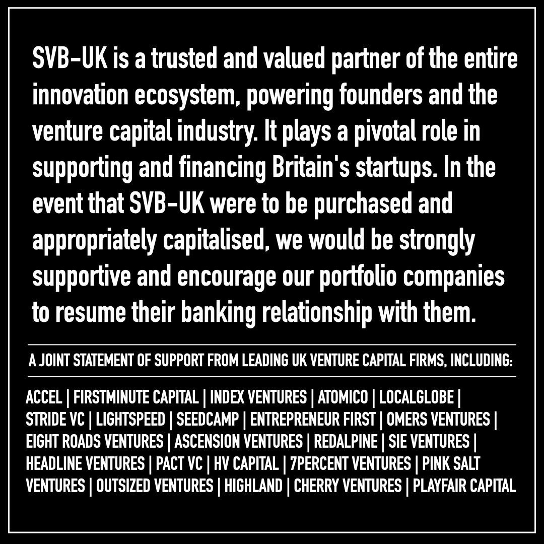 Russ Shaw CBE (@russshaw1) on Twitter photo Broad VC support for a purchase & recapitalisation of SVB-UK as indicated in this joint statement - <a href="/TechLondonAdv/">Tech London Advocates</a> <a href="/GlobalTechAdv/">Global Tech Advocates</a> <a href="/vc_tla/">TLA_VC</a> <a href="/localglobevc/">LocalGlobe</a> <a href="/atomico/">Atomico</a> <a href="/join_ef/">Entrepreneurs First</a> <a href="/seedcamp/">seedcamp</a> <a href="/pinksaltvc/">PINK SALT VENTURES</a> <a href="/stride_vc/">Stride_VC</a> <a href="/firstminutecap/">firstminute capital</a> <a href="/IndexVentures/">Index Ventures</a> @OutsizedVC <a href="/OMERSVentures/">OMERS Ventures</a> <a href="/Accel/">Accel</a> Broad VC support for a purchase & recapitalisation of SVB-UK as indicated in this joint statement - <a href="/TechLondonAdv/">Tech London Advocates</a> <a href="/GlobalTechAdv/">Global Tech Advocates</a> <a href="/vc_tla/">TLA_VC</a> <a href="/localglobevc/">LocalGlobe</a> <a href="/atomico/">Atomico</a> <a href="/join_ef/">Entrepreneurs First</a> <a href="/seedcamp/">seedcamp</a> <a href="/pinksaltvc/">PINK SALT VENTURES</a> <a href="/stride_vc/">Stride_VC</a> <a href="/firstminutecap/">firstminute capital</a> <a href="/IndexVentures/">Index Ventures</a> @OutsizedVC <a href="/OMERSVentures/">OMERS Ventures</a> <a href="/Accel/">Accel</a>