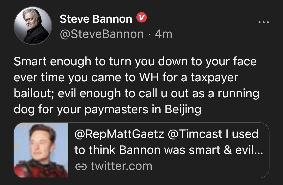 ZaZon9253's tweet photo. HAD TO RETWEET THIS WITH FOUR COPIES CUZ IT IS THAT GRATIFYING TO SEE MuskMAGAt OWNED by the most revolting MAGAt of all

BANNON's BIYATCH

#MUSK #MuskMAGAt #MuskOWNEDbyBANNON
#BANNONSbitch https://t.co/Ee4Tfvpr1P