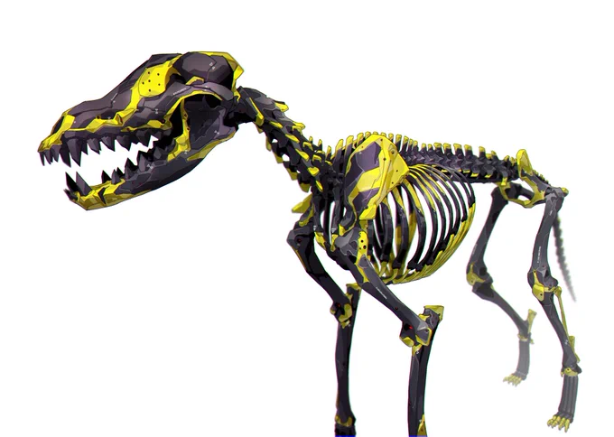 DOG...GOOD FOR 犬の義体化実験のプロトタイプ。この骨格が採用されたのはワタナベの相棒「菊千代」だ。 