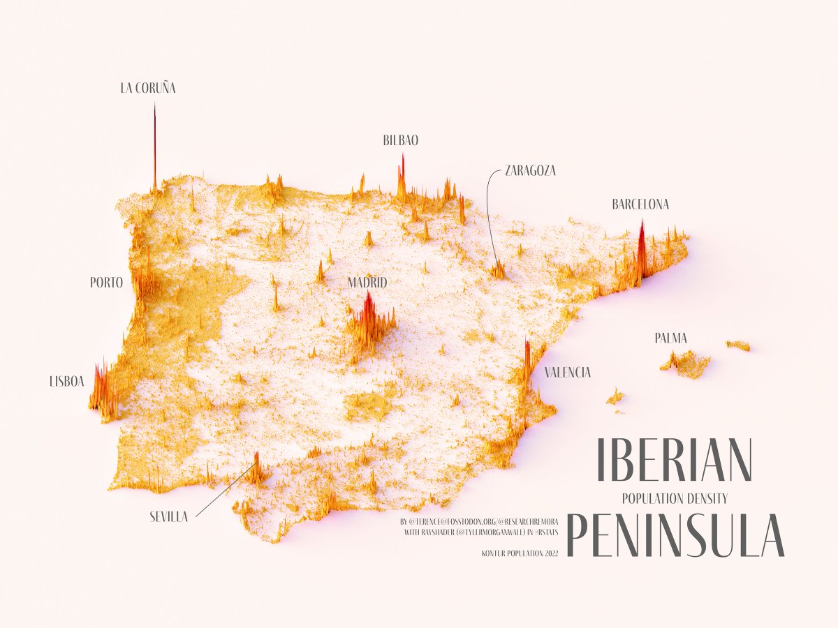 X \ tterence on bsky ??? X: "A population density map of the Iberian  Peninsula. #rayshader adventures, an #rstats tale *****DlokmJwmNk"