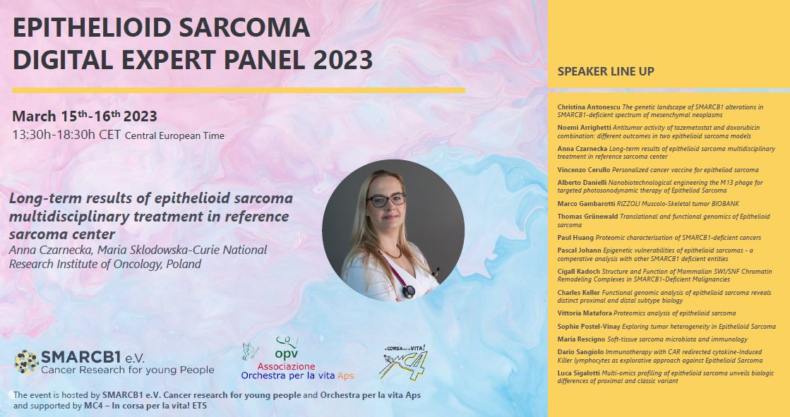 smarcb1's tweet photo. Listen to Anna Czarnecka talking about "Long-term results of epithelioid sarcoma multidisciplinary treatment in reference sarcoma center" on Epithelioid Sarcoma Digital Expert Panel 2023.

When: March 15 - 16, 2023 
Where: https://t.co/8rRSEulj2H https://t.co/rMGmYQkvQ4