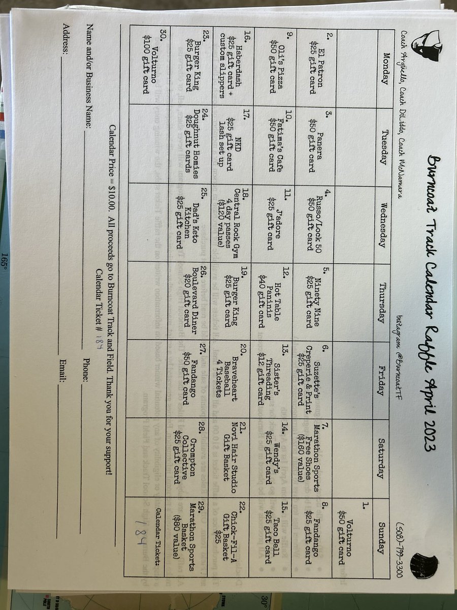 Burncoat Track &amp; Field athletes are doing a calendar raffle for the month of April! All entries are $10/each and the prizes are included in the photo below. 

You can Venmo <a href="/Ignacio/">ignacio🫀</a>-Arguello and I will get you a photo of your raffle entry!