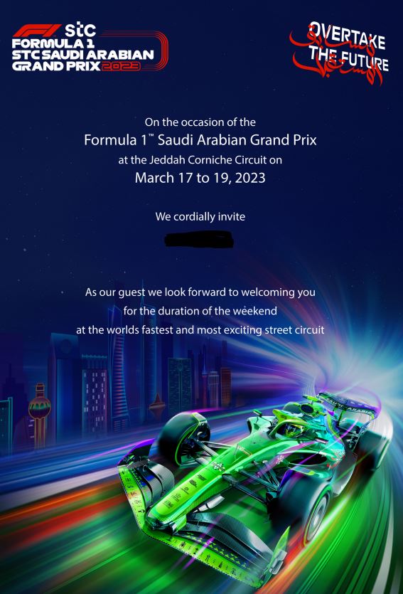 🙌Honored for the invitation! See y'all next week! #OvertakeTheFuture #Vision2030 @SaudiArabianGP #JeddahCornicheCircuit @F1 is waiting & @LucidMotors (supplier to @FIAFormulaE) #LucidOwnersClub member #1 will be there!