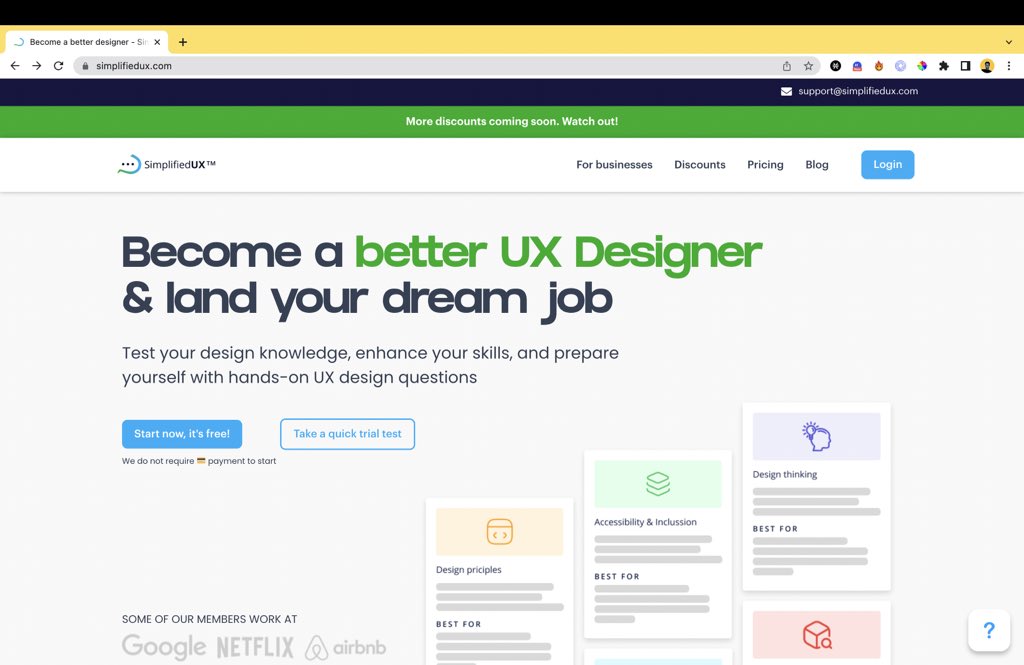 AJ_Ayanbisi's tweet image. Hey Product &amp;amp; UI/UX Designers,

If you’re looking to become better and improve your UX design skill, I recommend you visit this platform - simplifiedux.com.

You can get to test and enhance your UX design knowledge, and prepare yourself with hands-on UX design questions.