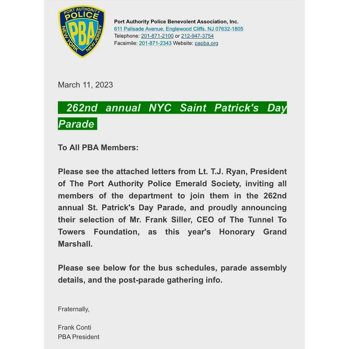 PAPD911's tweet photo. To all members of the Port Authority Police Department, St. Patrick's Day Parade messages from Frank Conti, President, Port Authority PBA and T.J. Ryan, President, #PAPDEmeraldSociety
#stpatricksday #PAPDPipesandDrums #PAPDHonorGuard #PAPD #papdprotectsnynj #PAPBA #PANYNJ https://t.co/iLaAS4EWuc