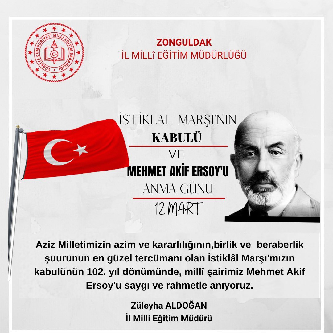 İstiklal Marşı’mızın kabulünün 102. yıl dönümünde Milli Şairimiz Mehmet Akif Ersoy’u rahmet ve minnetle anıyoruz. 

“Allah bu millete bir daha İstiklal Marşı yazdırmasın”

#İstiklalMarşı
#12Mart

<a href="/tcmeb/">Millî Eğitim Bakanlığı</a> <a href="/zuleyhaaldogan/">Züleyha Aldoğan</a>
