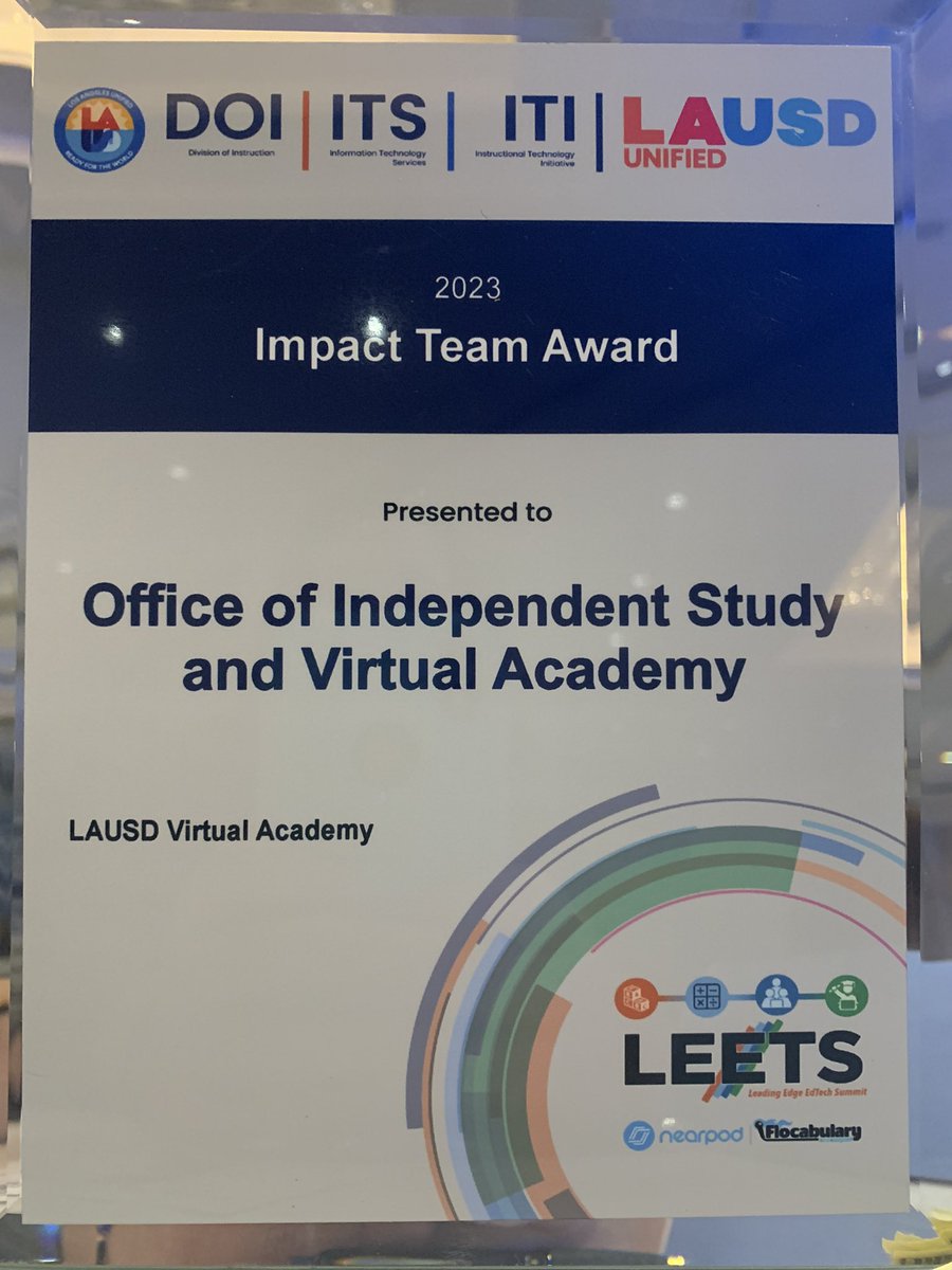.@ITI_LAUSD thank you for honoring the #LAUSD Virtual Academy team with the Impact Team Award at #LEETS23. We are so honored to lead this work for @LASchools