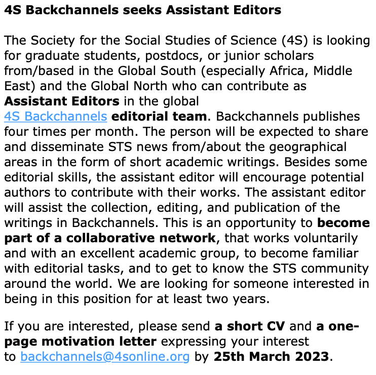 dropsmops's tweet photo. We're looking for (1) several Assistant Editors and (2) an Editor for Global North with #STS background to join @4sWeb #Backchannels blog team.
If interested, please apply with your short CV, motivation letter & for (2) a writing sample to backchannels@4sonline.org
📅March 25th https://t.co/ph9MmZPmex