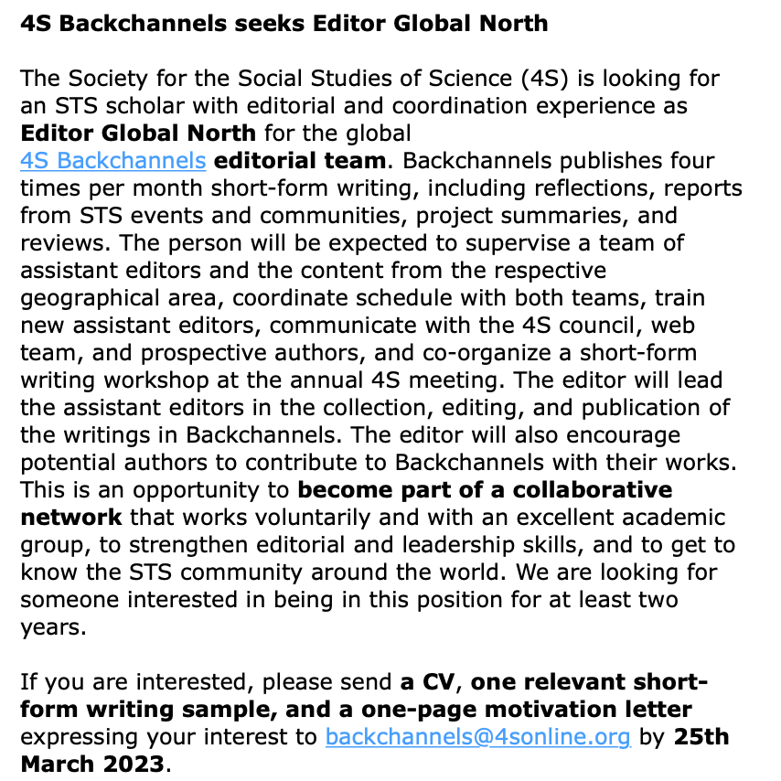 dropsmops's tweet photo. We're looking for (1) several Assistant Editors and (2) an Editor for Global North with #STS background to join @4sWeb #Backchannels blog team.
If interested, please apply with your short CV, motivation letter & for (2) a writing sample to backchannels@4sonline.org
📅March 25th https://t.co/ph9MmZPmex