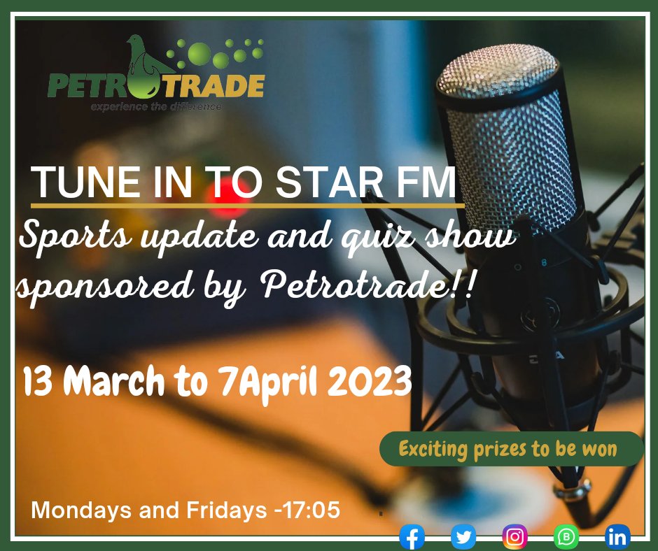 Tune in to Star FM to listen to Sports Update sponsored by Petrotrade.
#petrotrade
#experiencethedifference
