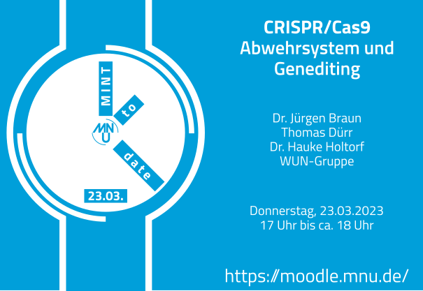 MINTtoDATE geht weiter: Im BP Biologie des allg. und berufl. Gyms steht es explizit: CRISPR/Cas9.

Die WUN-Gruppe zeigt die natürliche Funktion, den gentechnischen Einsatz und Unterrichtsmaterialien.

Onlinevortrag am Donnerstag, 23.03.

#twlz #EduBio #Biologie #EduMINT #EduBW