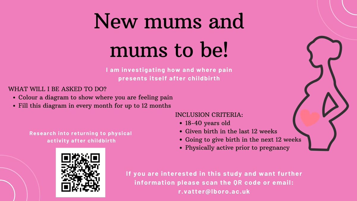 Have you recently given birth or are about to give birth?
I am completing a study investigating how and where pain presents itself after childbirth.
If you are interested please scan the QR code or follow the link, for more information!
lboro.onlinesurveys.ac.uk/pain-mapping