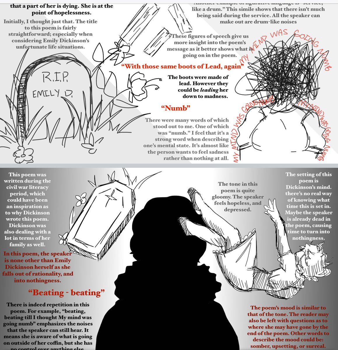 BVHSEdTechCoach's tweet image. Consumption to CREATION!  Sophomores in @MsClarizio English II classes analyzed Emily Dickinson’s “I Felt a Funeral in My Brain.”  Students used Keynote to CREATE a one-slide analysis using text and images!  #Booksnaps
@AppleEDU @BishopVerot @TaraMartinEDU 
#AppleLearningCoach