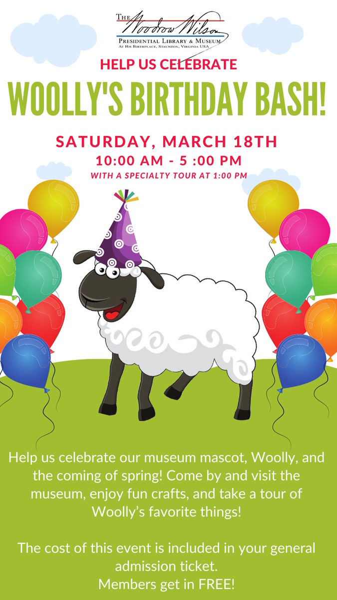 woolly_wilson's tweet photo. Next Saturday is my birthday! Come visit #WWPL for some activities, a family friendly special tour with my favorite things in the historic birthplace house, and EWE may even get to meet some of my special friendsπ
Head to the website to learn more!
#museummascot #museumevents https://t.co/k9r7KeF2r5