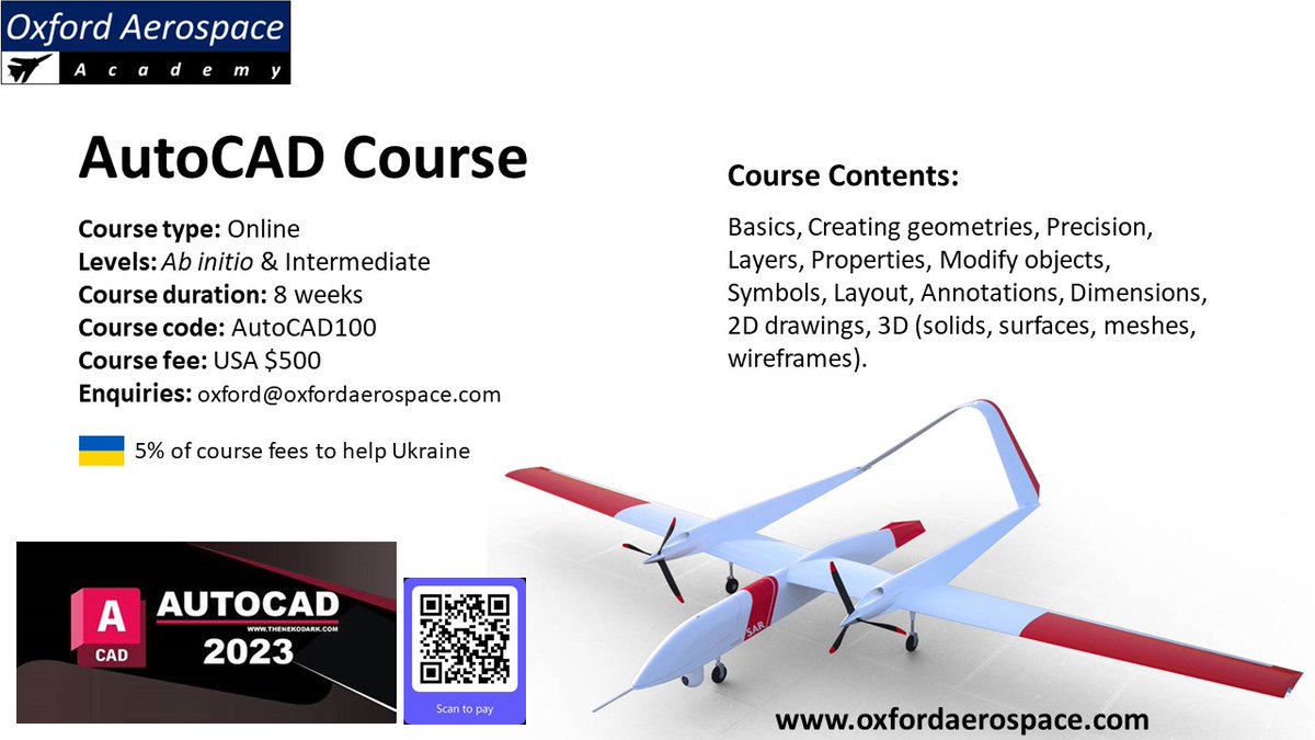 OxfordAerospace's tweet photo. AutoCAD Course
Course type: Online
Levels: Ab initio &amp; Intermediate
Course duration: 8 weeks
Course code: AutoCAD100
Course fee: USA $500
Enquiries: oxford@oxfordaerospace.com https://t.co/R5rAZ4WMUT