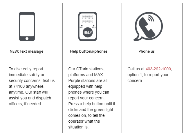 calgarytransit's tweet photo. #CTRiders for immediate safety concerns, please:
- Text 74100
- Press a Help Phone (located in stations &amp; on platforms)
- Call Transit Watch 403-262-1000 option 1
Please call 9-1-1 for emergencies

Standard Msg and Data Rates may apply
Details: https://t.co/wMrUkUVImJ https://t.co/26KIyyKbRY