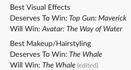 LoganDMcCoy's tweet photo. My #Oscars2023 Predictions
#Oscars #Oscars95 https://t.co/zinAtN4Ixs