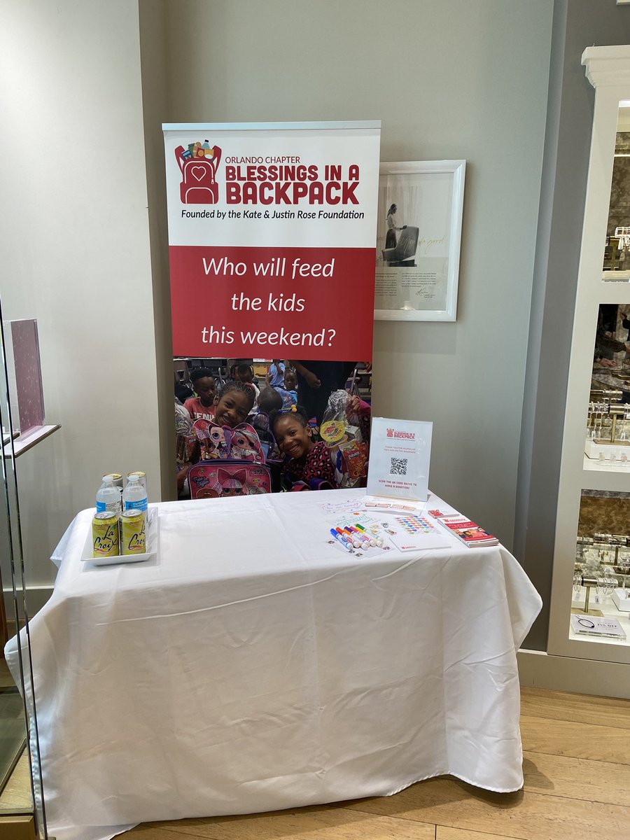 RBO_Blessings's tweet photo. We are all set up! Come see us today from 12-2 at Kendra Scott, Mall at Millenia. 20% of sales will be donated back to feed Central Florida kids on the weekends! #kendrascott #shoppingforacause #kendragivesback #blessingsinabackpack https://t.co/bsqV20kdZn